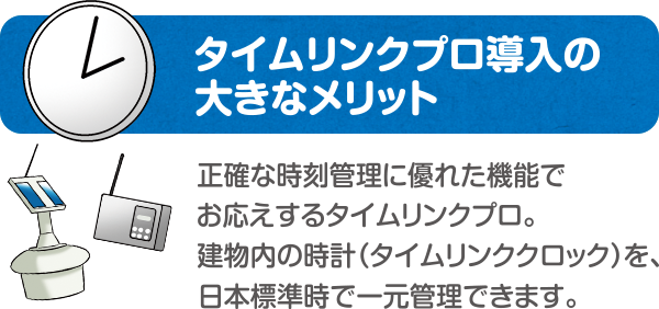 タイムリンクプロ導入の大きなメリット　正確な時刻管理に優れた機能でお応えするタイムリンクプロ。建物内の時計（タイムリンククロック）を、日本標準時で一元管理できます。