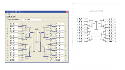 トーナメント表（左：モニタ画面／右：プリントアウト例）
